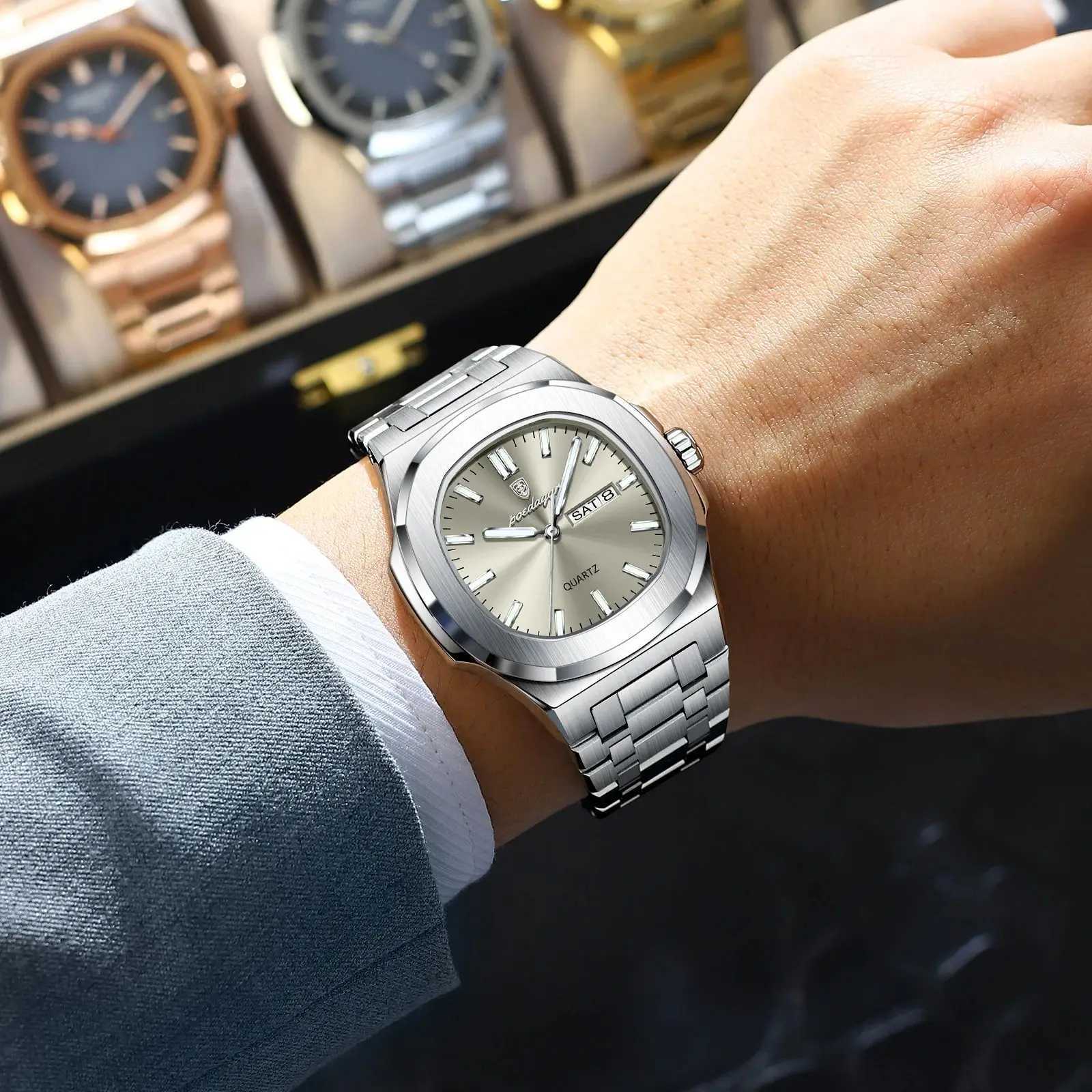 POEDAGAR Luxury Military Man Watch Square Waterproof Luminous Date Week Men Watch Stainless Steel Quartz Mens Watches Reloj+box W250724