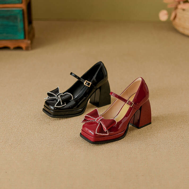 Mary Jane High Heels Lace Bow Single 2025 Spring New Shallow Mouth Women Shoes for Petite Height Increase