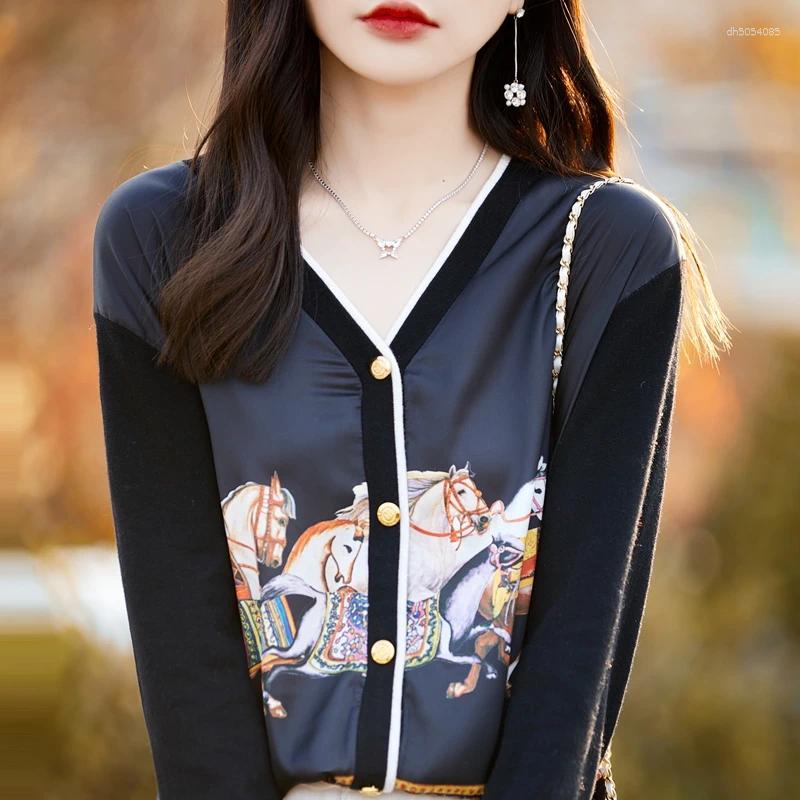 Women's Blouses Spring And Autumn Woven Wool Cardigan V-neck Color Matching Sweater Thin Loose Silk Printed Long Sleeve Knitted Jack