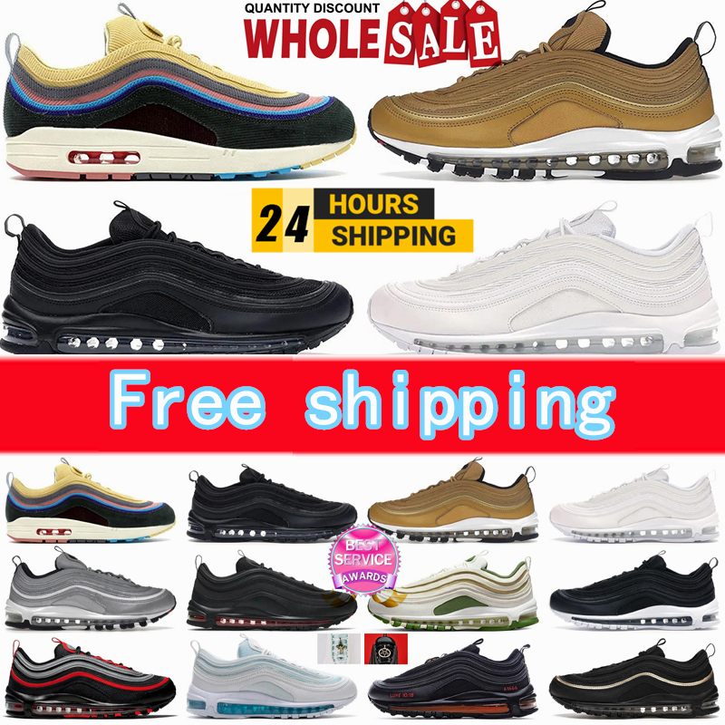 2025 Designer 97 97s Sports Shoes Trainers Jesus Satan Futura Triple silver Cream Olive Volt red Crucifix Bred Sail Aurora Gym Mens Women Running Sneakers