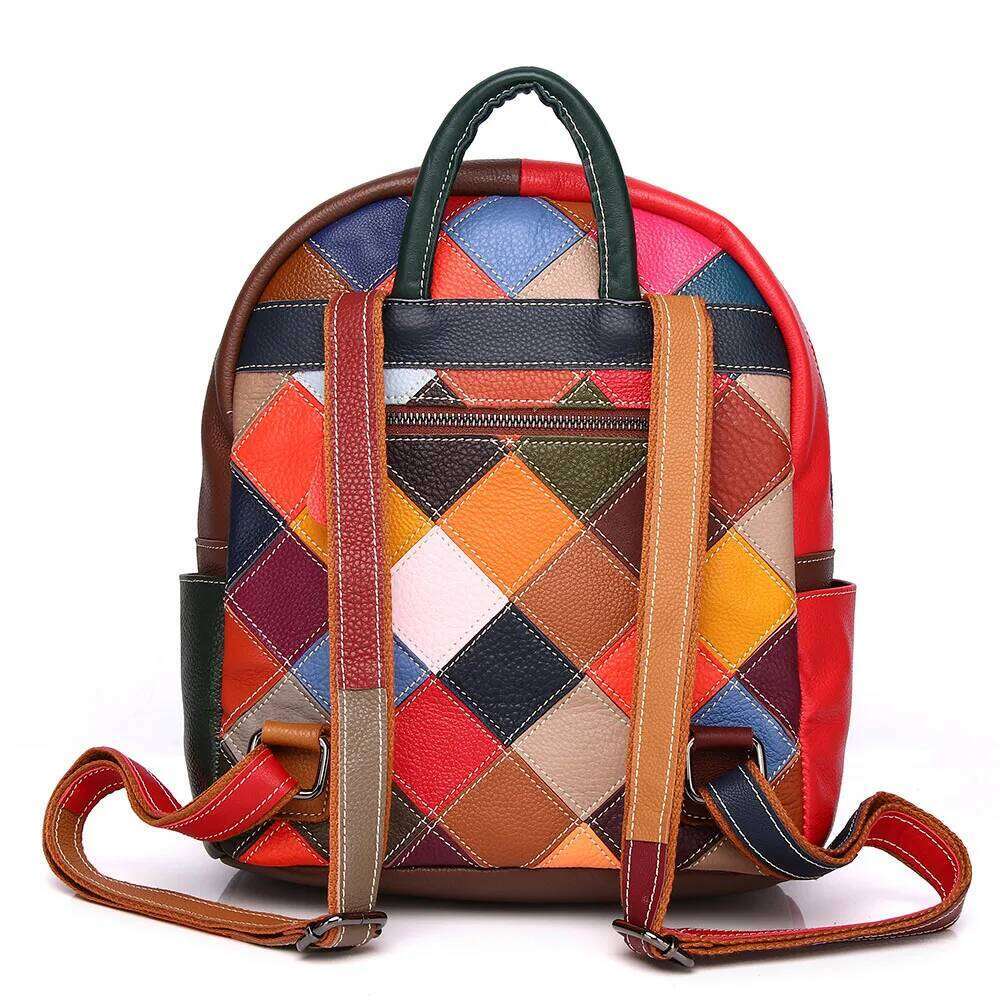 Genuine Leather Fashion Backpack Cowhide Colorful Design Model Handmade Flower Splicing Color Collision College Ladies Schoolbag