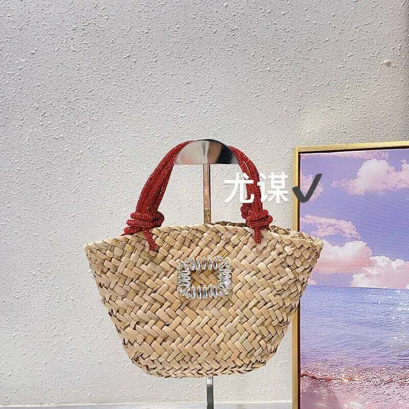 Summer Travel Vacation Handmade Woven Grass Beach Dia Shining Vegetable Basket Shopping Handheld Bag