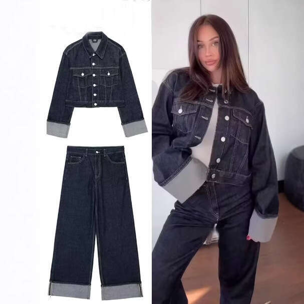 TRAFZA Autumn New Style Wind Denim Jacket With Rolled Hem Jeans B5