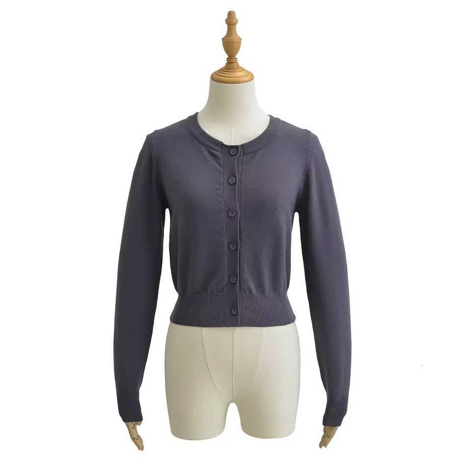 2024 American Retro Button Through Pointelle Knit Cardigan Sweater for Women O Neck Full Sleeve Cropped Knitwear White X250724