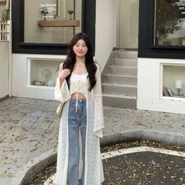 2025 Summer New Lace Oversized Cardigan Y2k E-Girl V-neck Up All-match Shirts Women Mid-length Long Sleeve Tops X250724