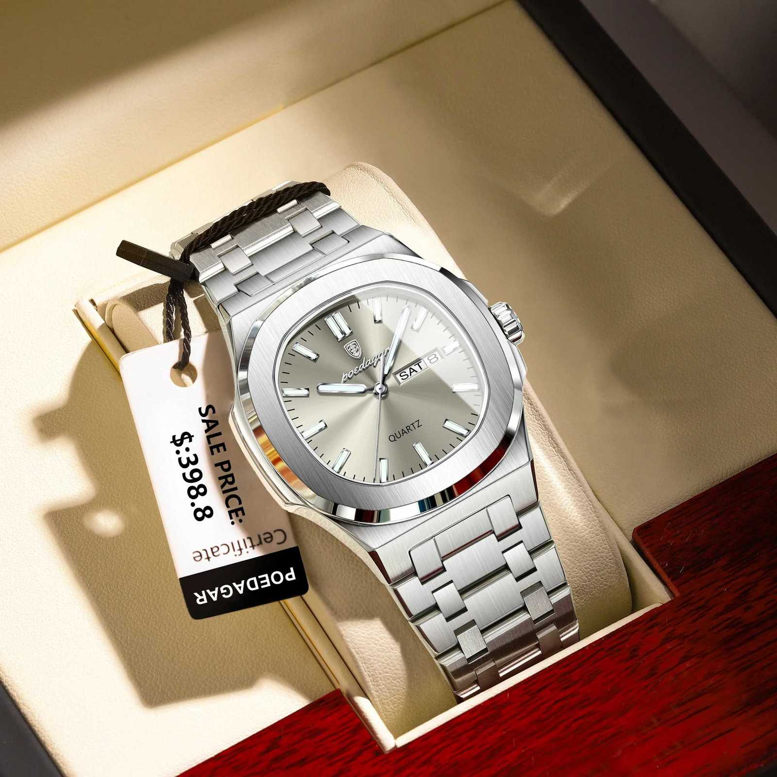 POEDAGAR Luxury Business Men Watch Stainless Steel Waterproof Luminous Mens Watches Date Week Fashion Quartz Man Wristwatch with Box W250724