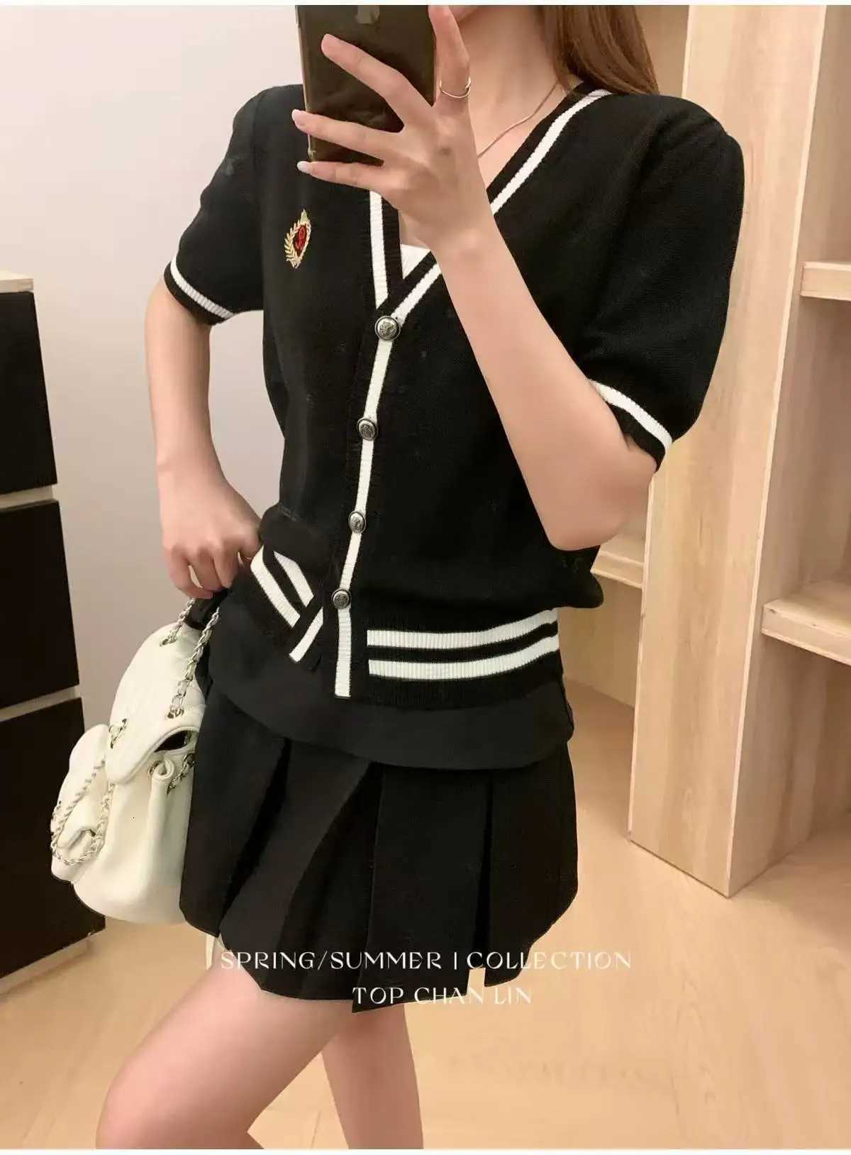 2025 Summer V-neck Knit Sweater Cardigan Women Striped Embroidery Single-breasted Tops Knitwear Short Sleeve Stylish Chic Jumper X250724
