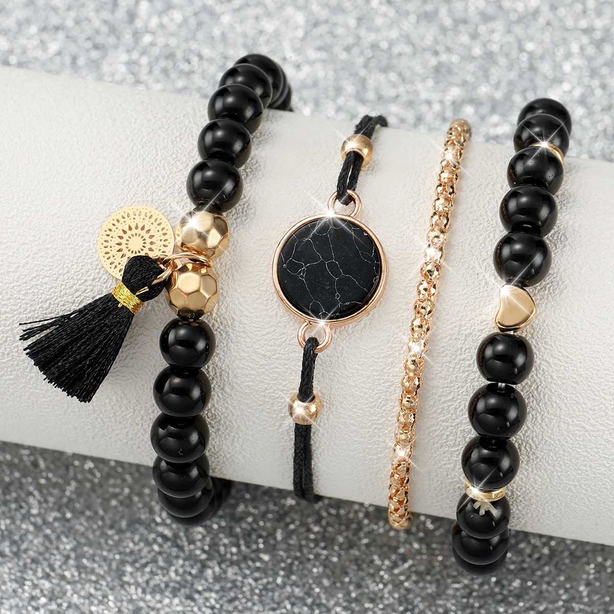 5pcs/set Women Silicone Band Quartz Watch and Beads Tassels Bracelet Set W250724