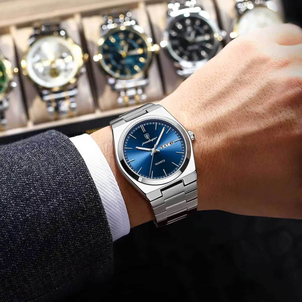POEDAGAR Luxury Watches For Men Stainless Steel Waterproof Luminous Man Watch Date Week Fashion Casual Mens Quartz Watch Reloj W250724