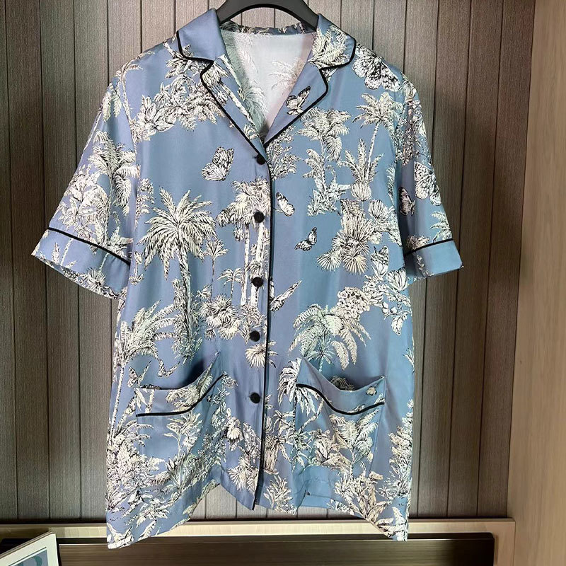 Ladies Silk Palm Print Shirt Pajamas Summer Designer Button-Down Sleepshirt Dual Pockets Clothing Y2K Resort Loungewear S0759