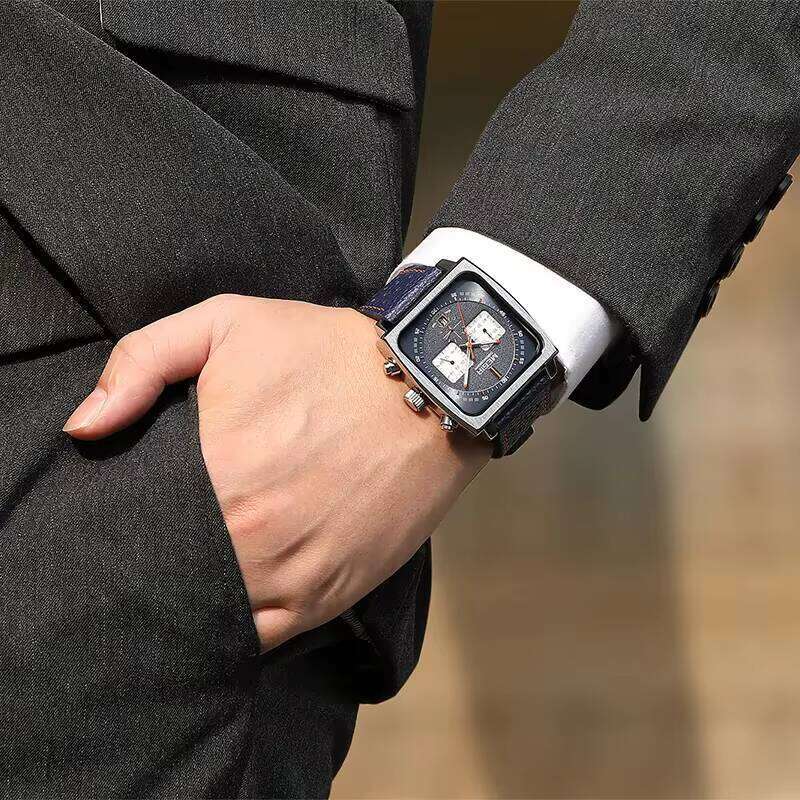 DHgargets MEGIR Men's Square Chronograph Watch - Digital-Analog, Luminous, 30M Waterproof, Leather Strap, Business Wristwatch