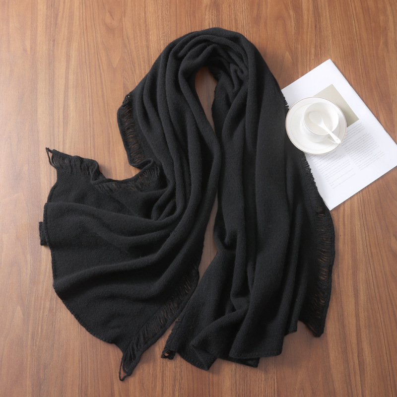 K1455 2024 autumn and winter new pure wool knitted scarf shawl solid color warm protection tassel windproof cold-proof neck scarf