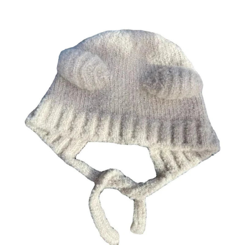 Cute Bear Ear Wool Hat Autumn and Winter Warm Versatile Lace-up Ear Protection Knitted Bomber Cap Bonnets for Women Gorros 250722