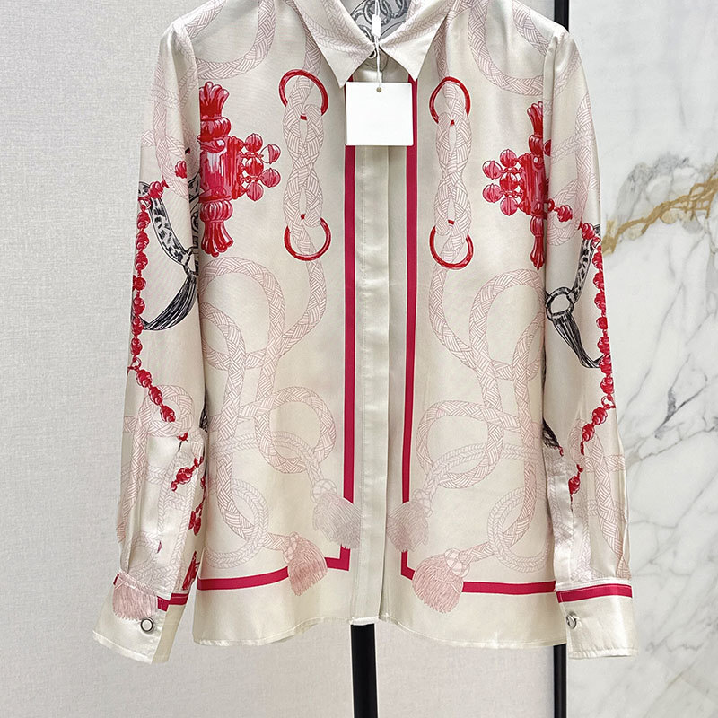 Women's Chain Print Silk Shirt Y2K Luxury Designer Classic Long Sleeve Single Breasted Oversized Blouse Casual Fashion Runway ClothingS0763