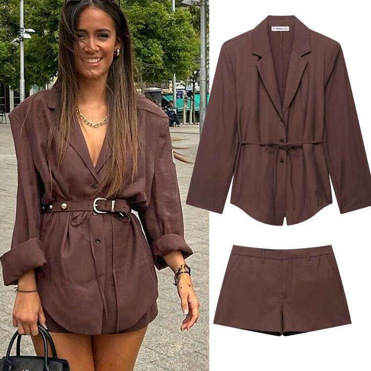 TRAFZA Style Women's Slim Blazer Tie Belt Decorated Shorts Set B5