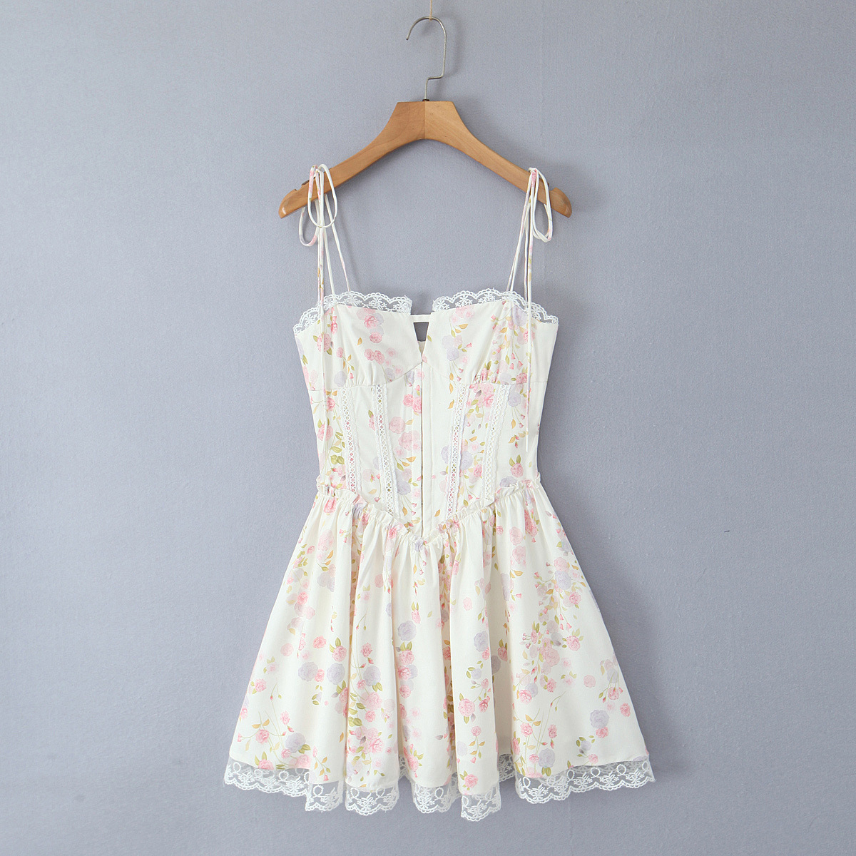 D32280 Large size spring and summer new arrival pure French lace stitching sweet print waist slimming lace-up dress