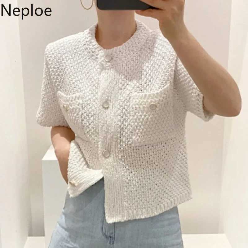 Neploe Korean Cardigan Women Clothing Short Sleeve Single Breasted Sweater O Neck Knit Black Tops 2025 Fashion White Coat Femme X250724