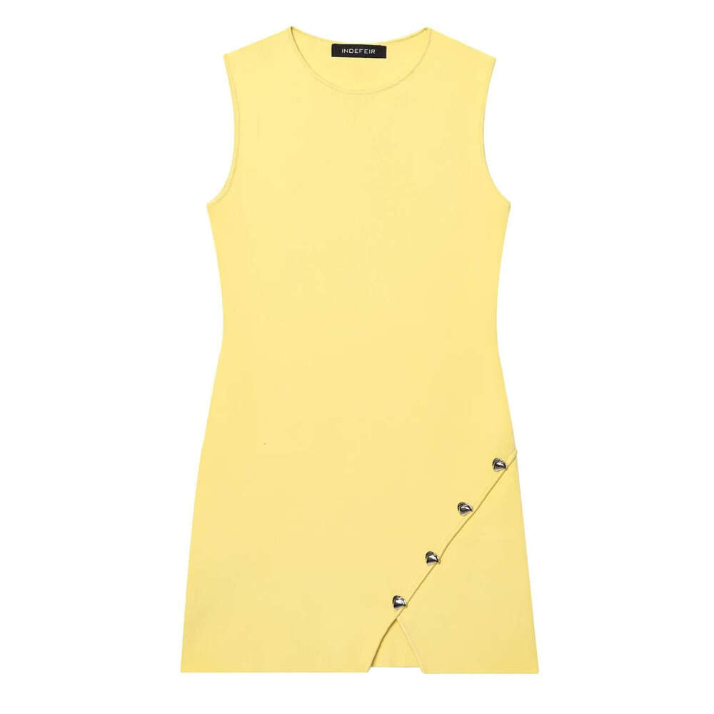 TRAFZA Women's Summer Round Neck Sleeveless Irregular Button Decor Knitted Dress B5 b6