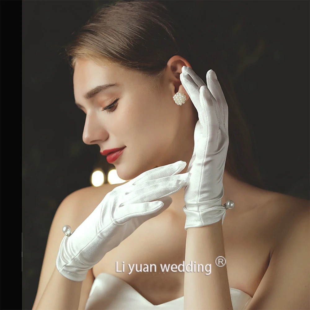 bride wedding dress gloves short chiffon pearl white gloves light dreamy lace wedding gloves 250722
