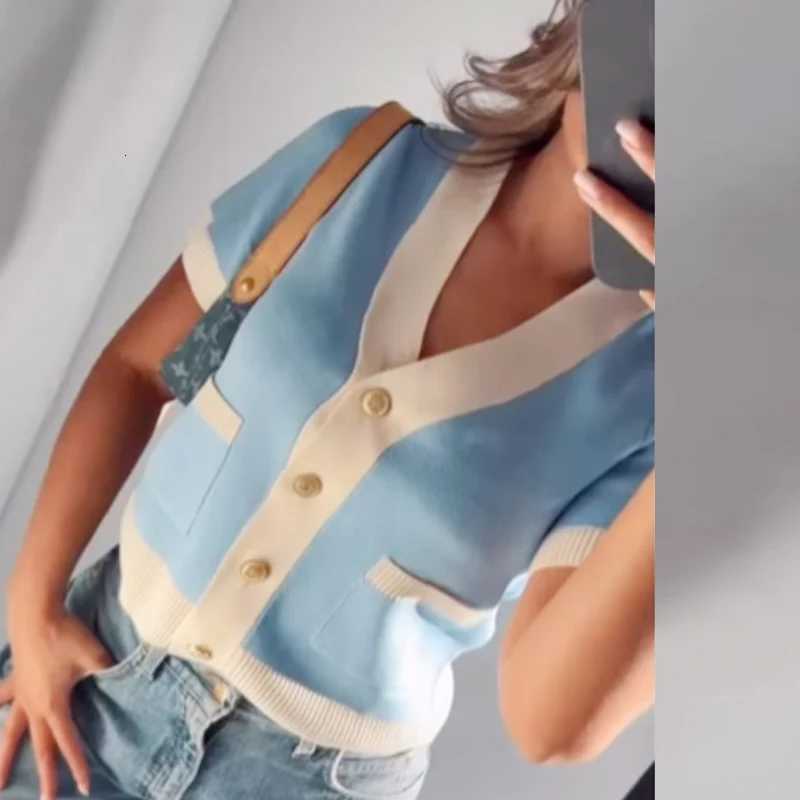2025 HXAO Crop Knit Cardigan Womens Sweater Summer Knitwear Crop Blue Knitted Short Sleeve Outerwear Button Cute Cozy Sweaters X250724