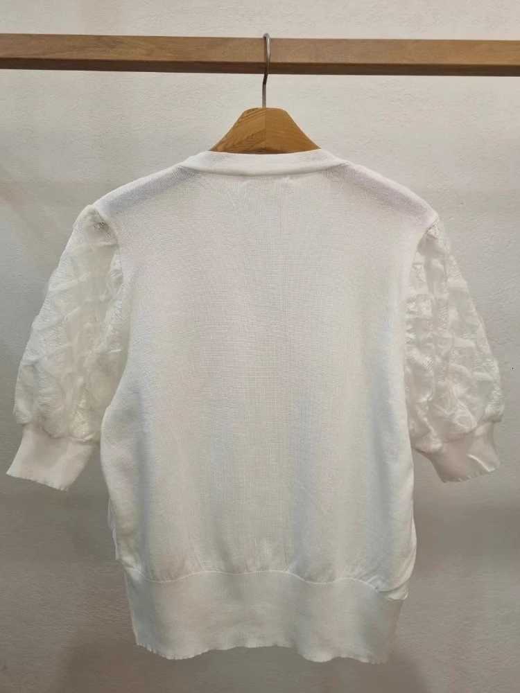 Summer V Neck Single Breasted Swt Cardigan Womens Clothing Lace Patchwork Fashion Sweater Korean All Match Short Sleeve Tops X250724