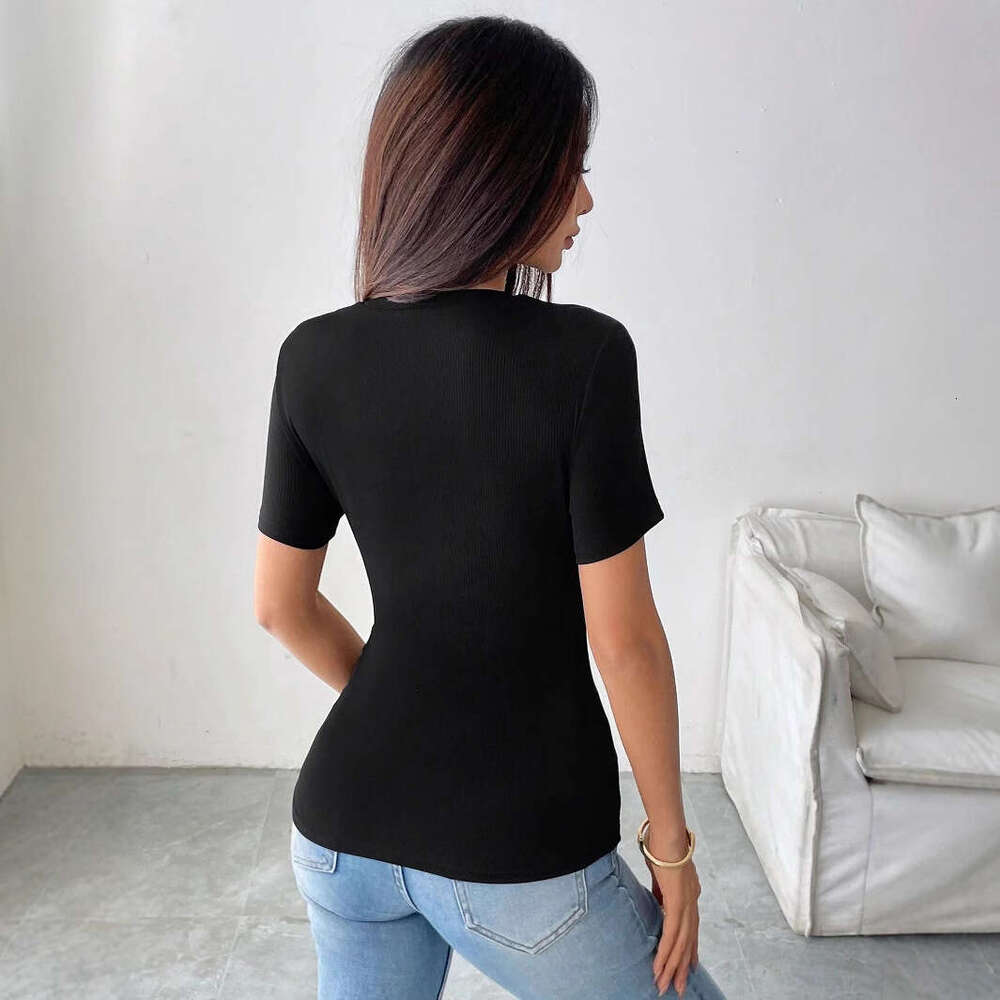 sxzy 2025 summer new solid color decorative patch round neck short sleeve fashion tshirt top for women