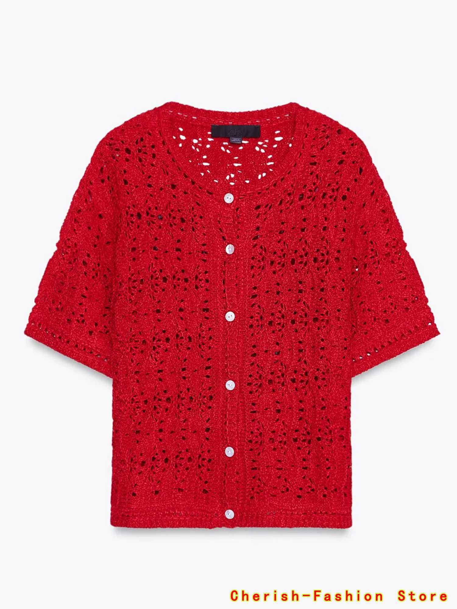 2025 New Red Knitted Short Sleeve Cutout Design Cardigan for Women Summer Casual Fashion Personality Versatile Knitwear X250724
