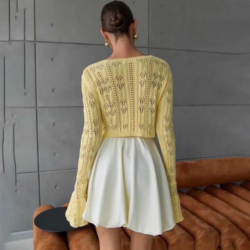 Talenza Knitted Hollow Top Womens V Neck Flared Long Sleeves Buttons Cardigan Top Female Fashion Solid Hotswt Slim Top Women X250724