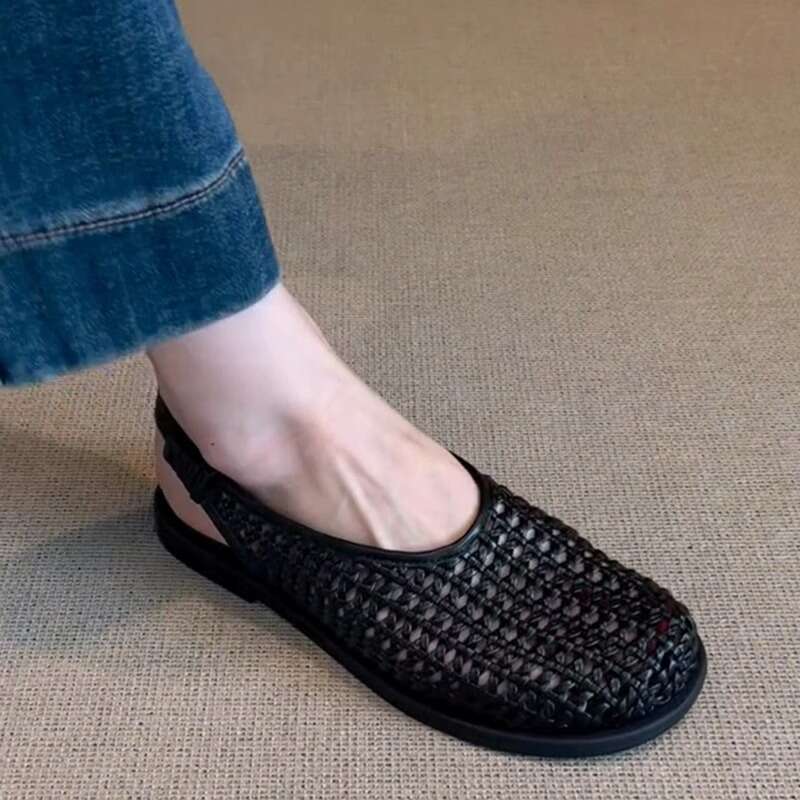 Heel Sandals Sandals Shoes Women Heels New Handmade Woven Hollow Sandals For Women Round Toe Flat Slip On Back Strap Roman Shoes