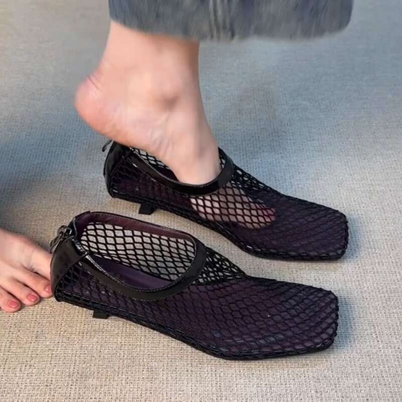 Heel Sandals Sandals Shoes Women Heels Niche Fishnet Hollow Breathable Square Toe Single Shoes Slip On Cat Heel Sandals Woven High Heels