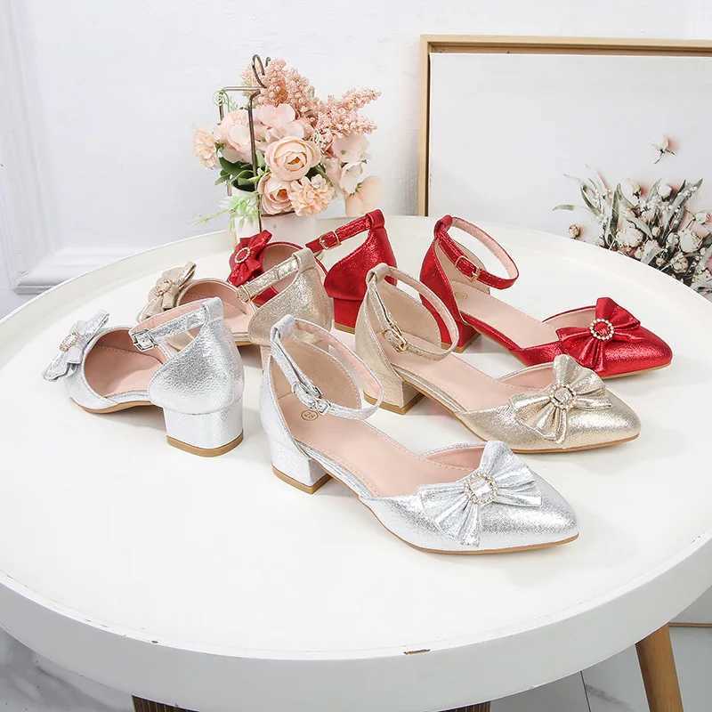 Girls Leather Shoes Fashion Bow Children Crystal Shoes 2025 Summer New High Heels Kids Performance Dance Shoes XJ250724
