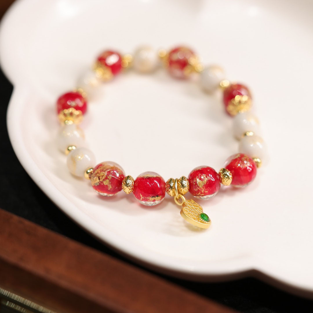 Elegant Versatile Chinese Style Gold Foil Ash glazed Glass Beaded Bracelet for Women Multicolored Treasures Mascot inspired with Imperial Ethnic Flair
