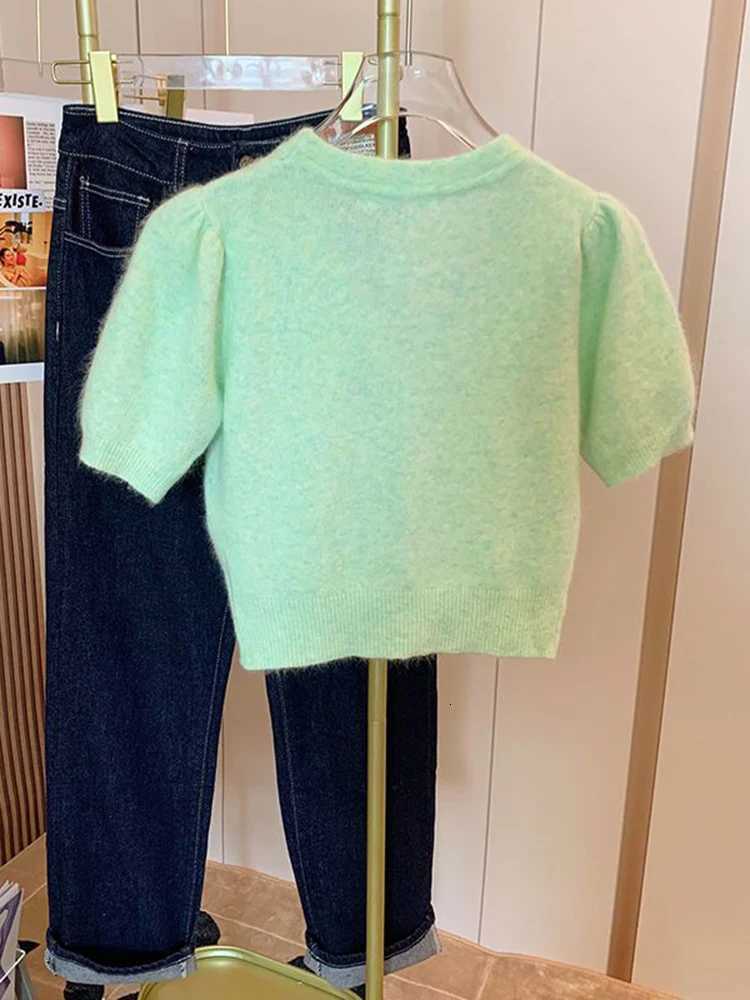 Summer Knitted Cardigan Womens Korean Chic V-neck Short Sleeve Sweater Small Fragrance Knitwear Tops Jumper Female T Shirt X250724