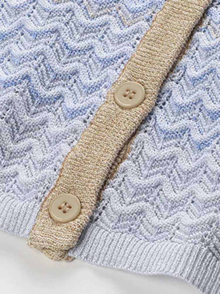 2025 Spring Gradient Color Wave Pattern Round Neck Single Breasted Slimming Knit Cardigan X250724