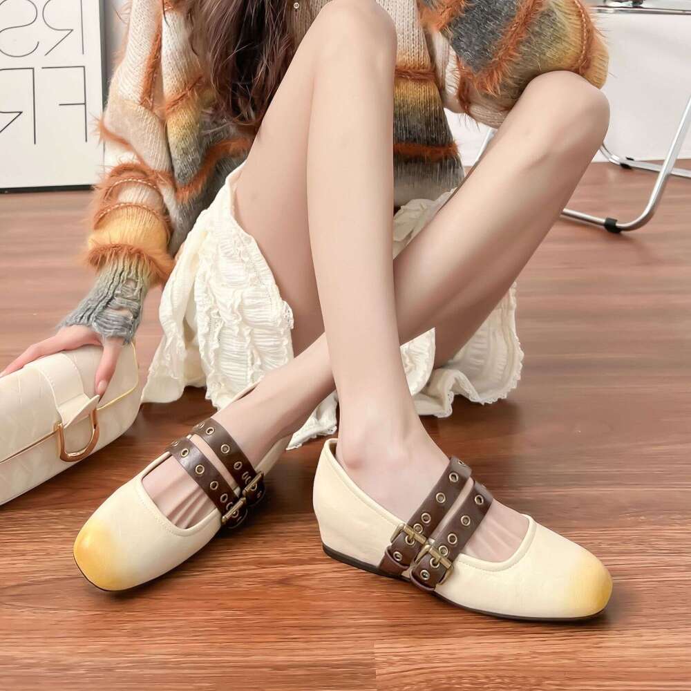 Designer Spring New Color-Block Mary Jane French Style Hidden Wedge Double Strap Flat Single Shoes for Women