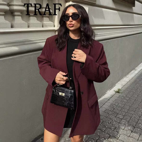 TRAFZA Autumn Winter Women's Fashion Elegant Burgundy Blazer Double-Breasted Jacket For Women B5