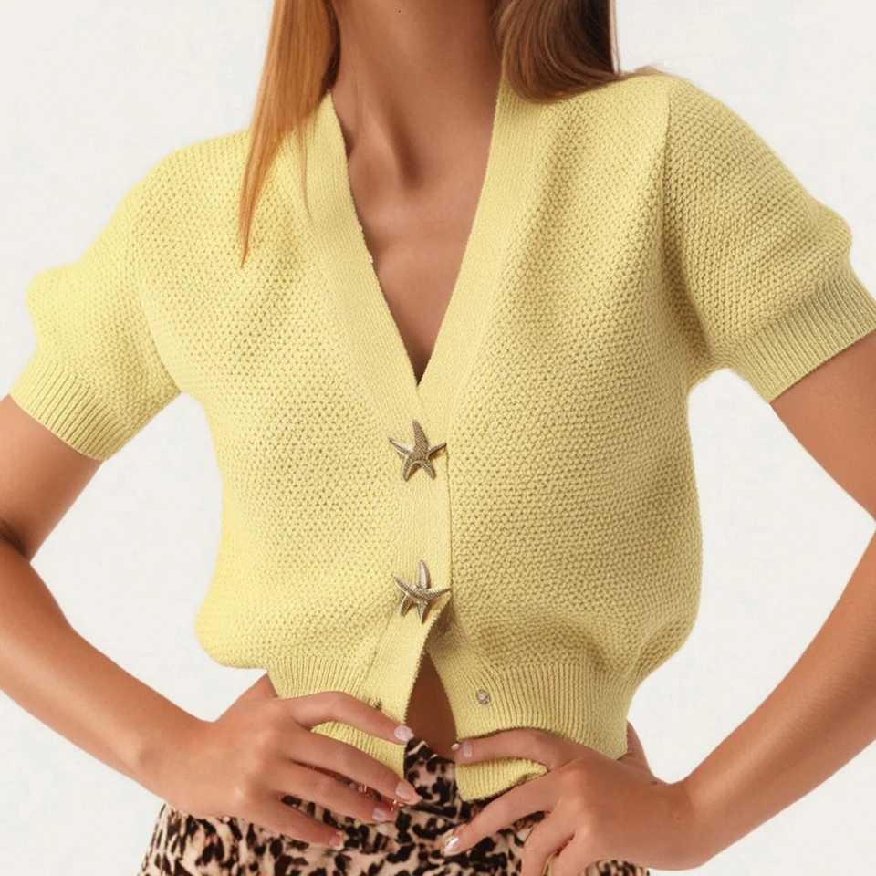 Womens Lightweight Knit Cardigan Solid Color Short Sleeve Front Starfish Button Down Loose Tops for Spring Autumn Streetwear X250724