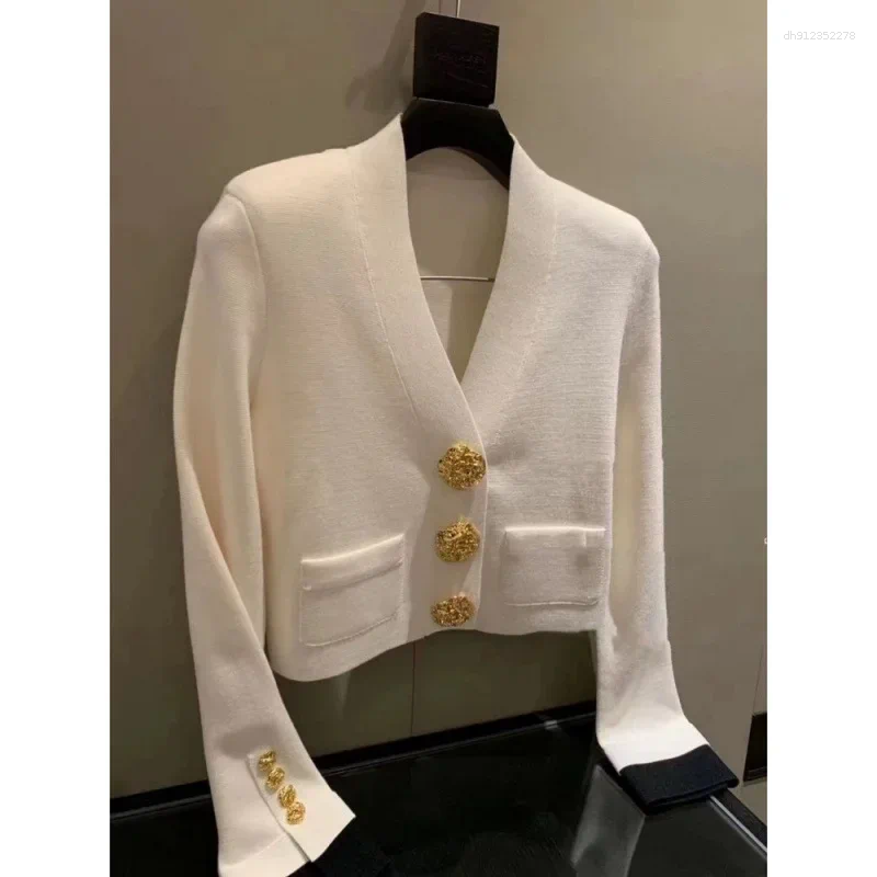 Tweed Style Gold Button Color Block V-Neck Knitted Cardigan Women's Autumn Winter 2024 New White Commuting Cropped Jacket