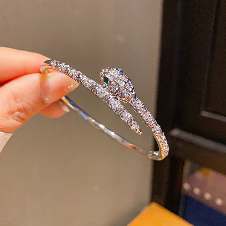 Gold Tone Snake Shaped Bangle Bracelet Pave Crystal Accents Edgy Party Jewelry And Gift For Her High Quality And Stylish Design