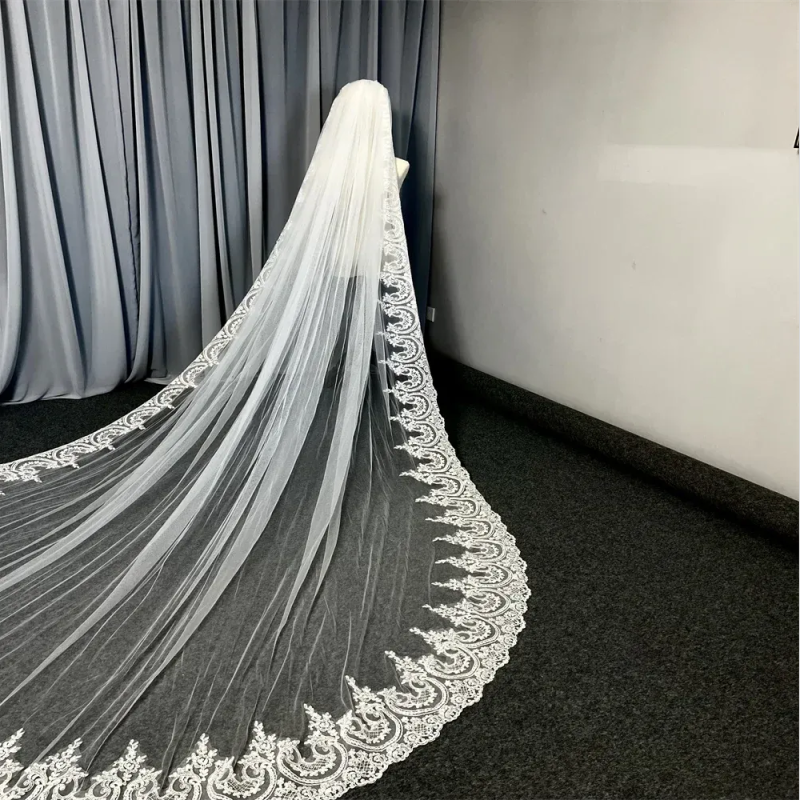NEW Glitter Sequins Lace Wedding Veil 3 Meters Long White Ivory Bridal Headpiece Elegant Bride Accessory with Comb For Marriage Bride Women's Acc
