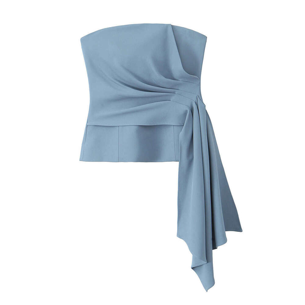 TRAFZA Sky Blue Autumn New Sleeveless Ruched Corset Top High Waist Flared Pants B5