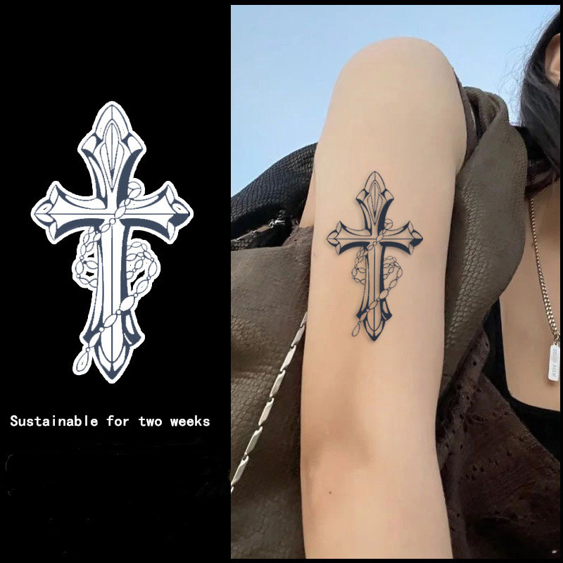 Chain cross print, juice tattoo sticker, European and American spicy girl, high-end feeling, arm washable, blue tattoo