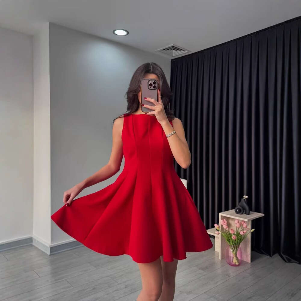 Hot-Selling Women's Waist-Cinching Boat Neck Sleeveless Wide Hem Mini Dress B5