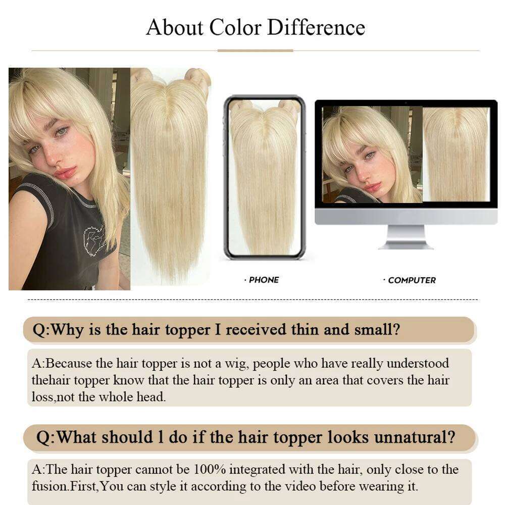 Blonde with Bangs Straight Hair Pieces Extension Clip in Remy Human Hairpieces for Women Silk Base Toppers