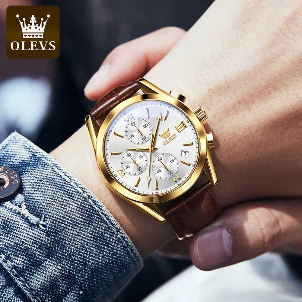 OLEVS 2872 Chronograph Mens Wristwatches Leather Strap Waterproof Luminous Original Quartz Watch for Men Luxury Sport Man Watch W250724