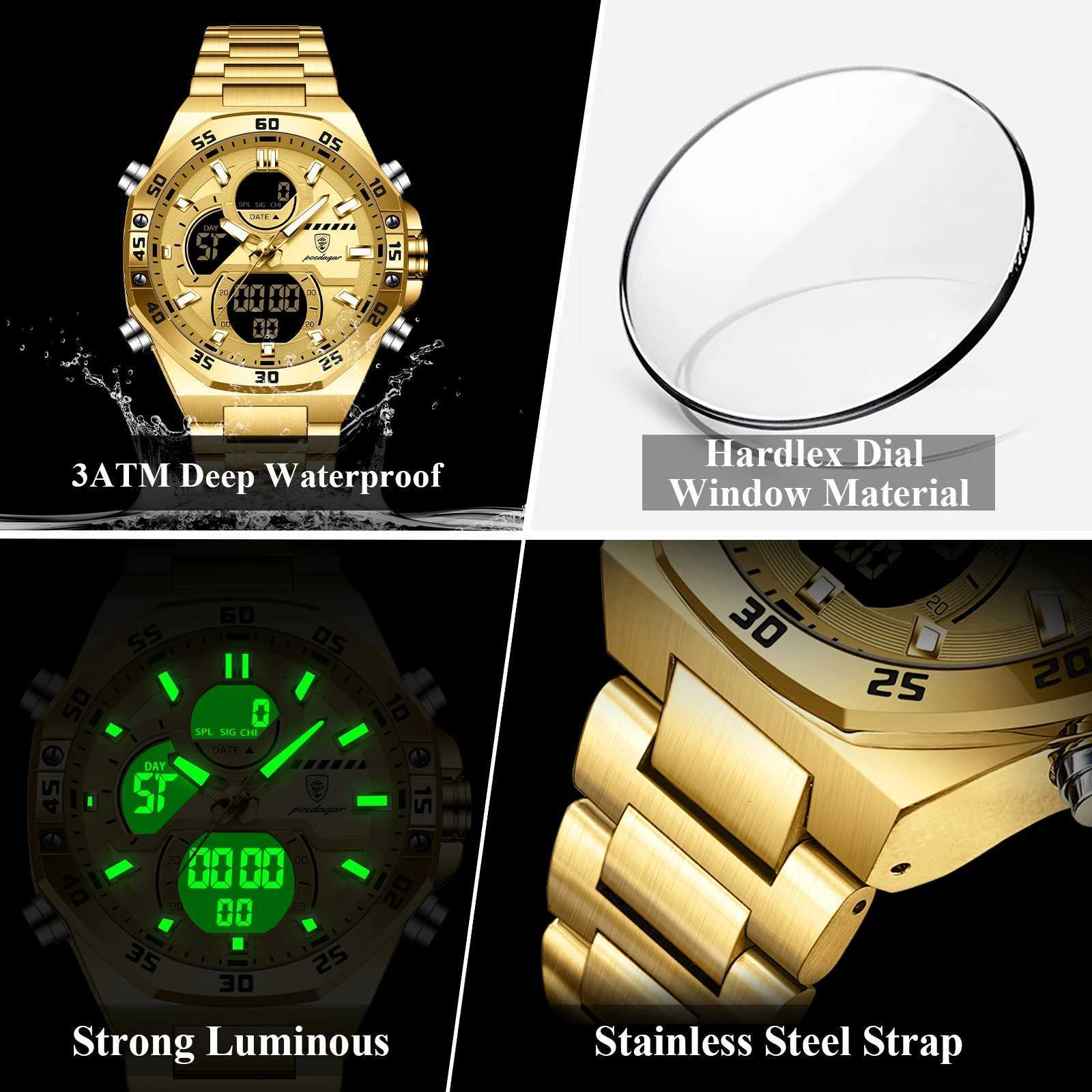 POEDAGAR New Men Clock LED Luminous Waterproof Week Date Military Mens Wristwatch Electronic Stainless Steel Quartz Mens Watches W250724