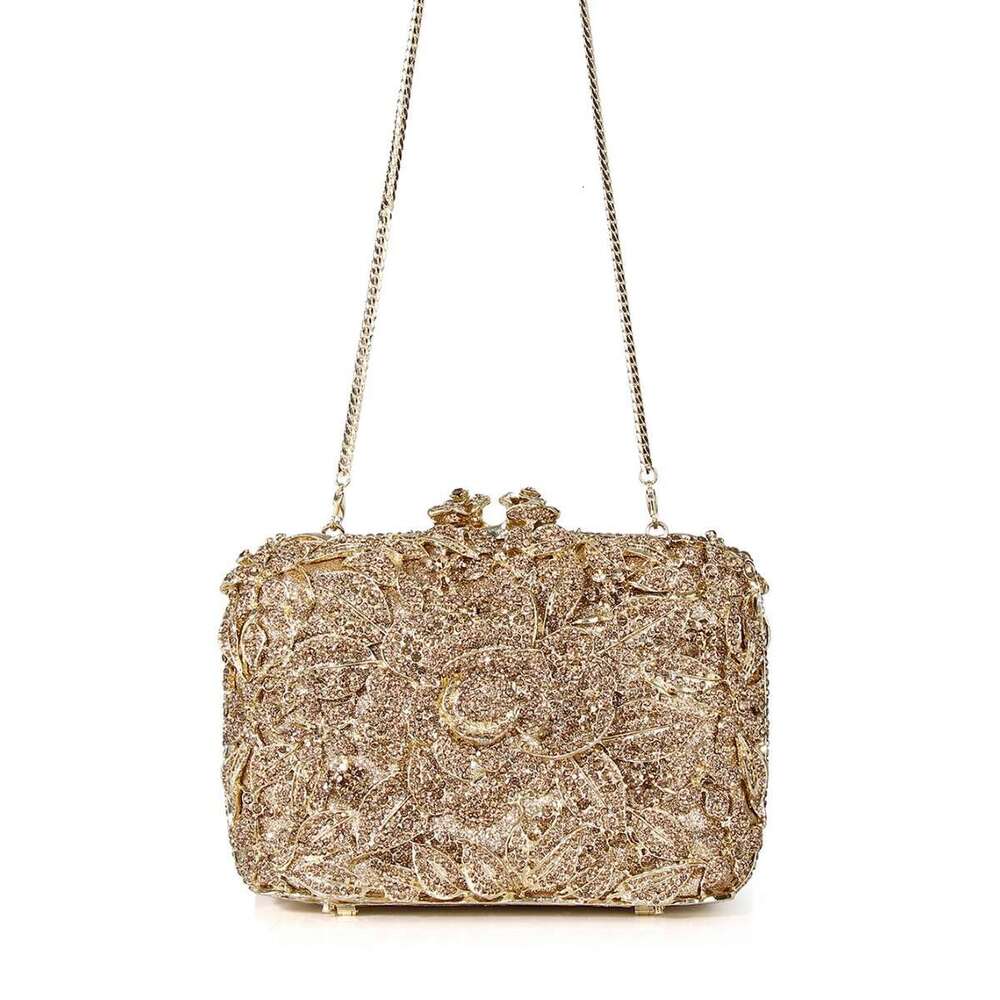 Designer Luxury Evening Diamond New Diamond-Studded Evening Hollow Metal Hard Banquet Dress Clutch Small Square Box Bag