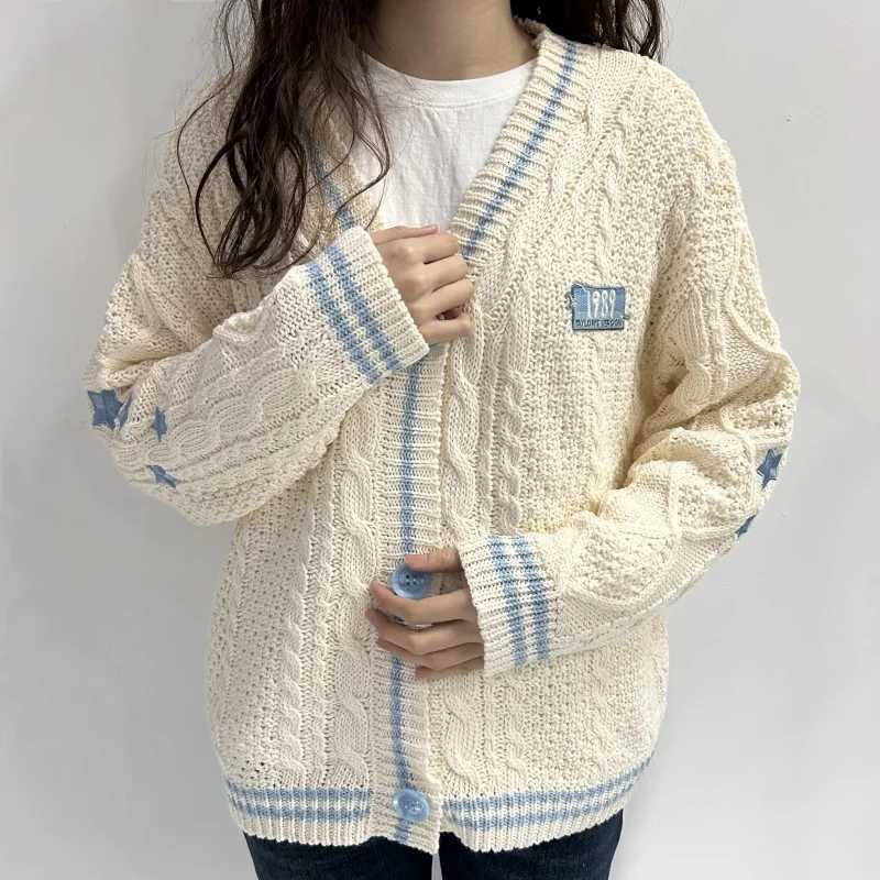 1989 Beige Knitted Cardigans with Blue Star Women Autumn Warm V-neck Knitted Sweaters Winter Vintage Casual Loose Tops X250724