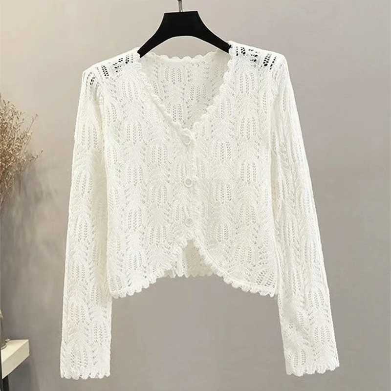 2025 New Summer Hollow Out Knitted Sweater Cardigan Ice Silk Thin Short Shawl Top Womens Long Sleeve V-neck Sunscreen Jacket X250724