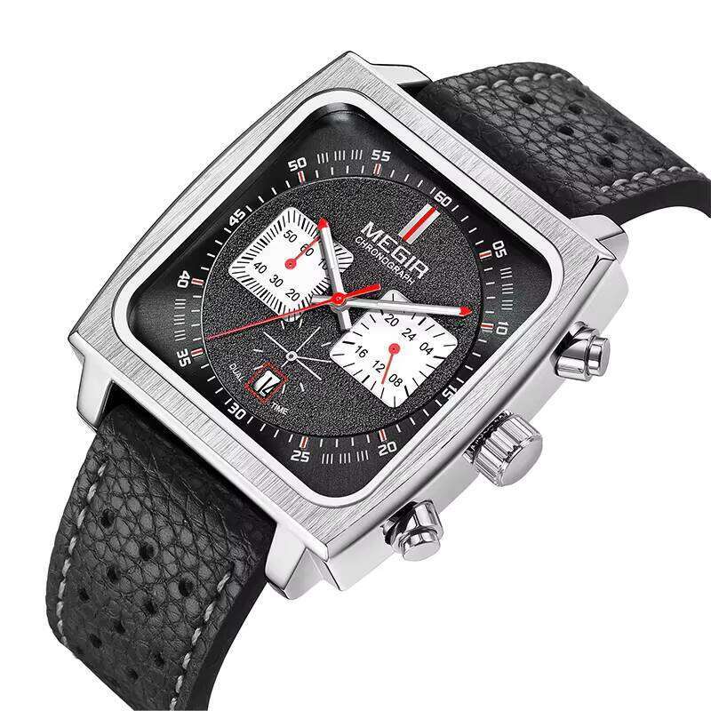 DHgargets MEGIR Men's Square Chronograph Watch - Digital-Analog, Luminous, 30M Waterproof, Leather Strap, Business Wristwatch